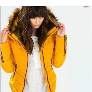 Women's Yellow Puffer Jacket with Faux Fur Hood